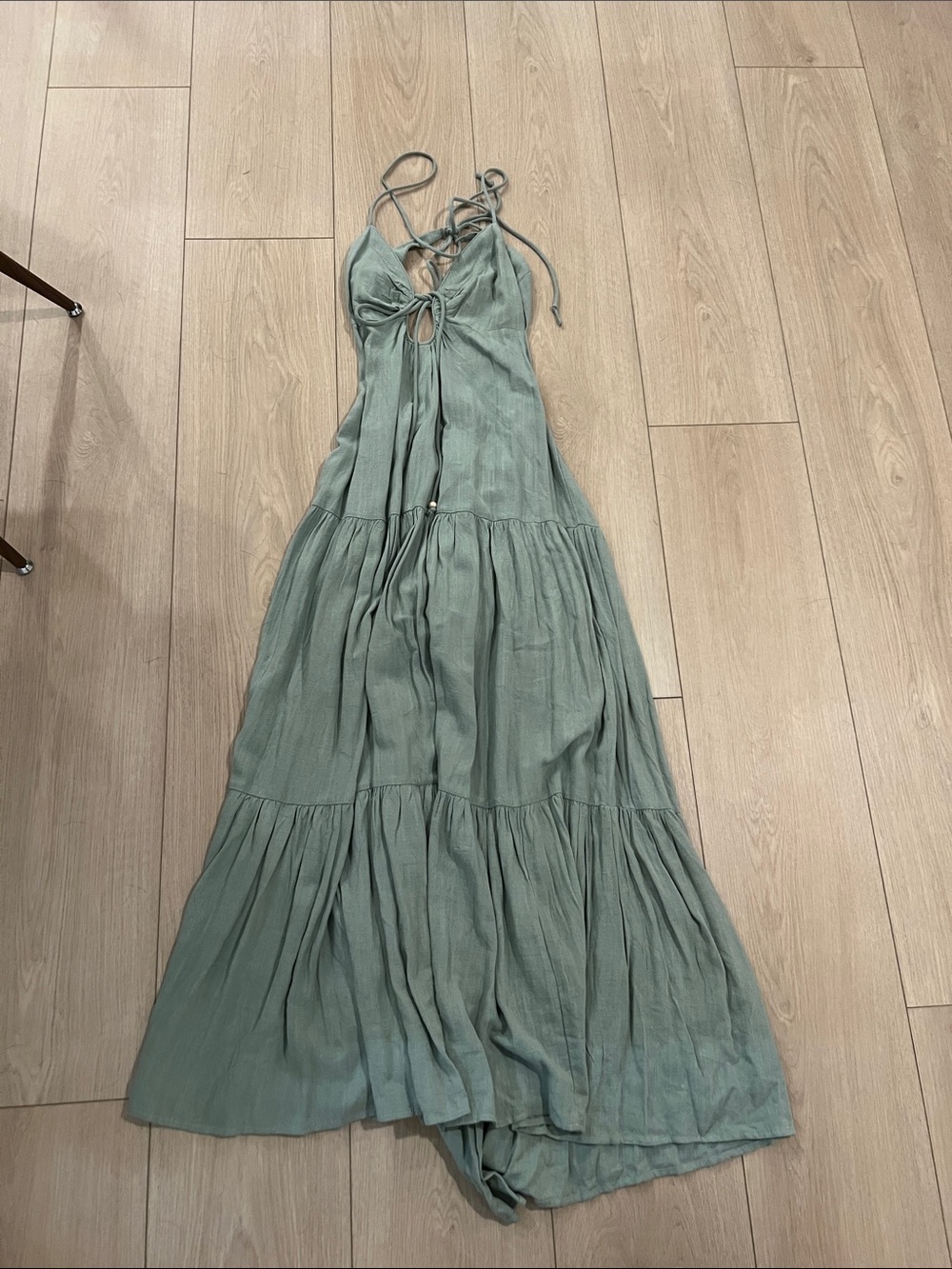 Vici Sage Green Tie-Front Tiered Maxi Dress